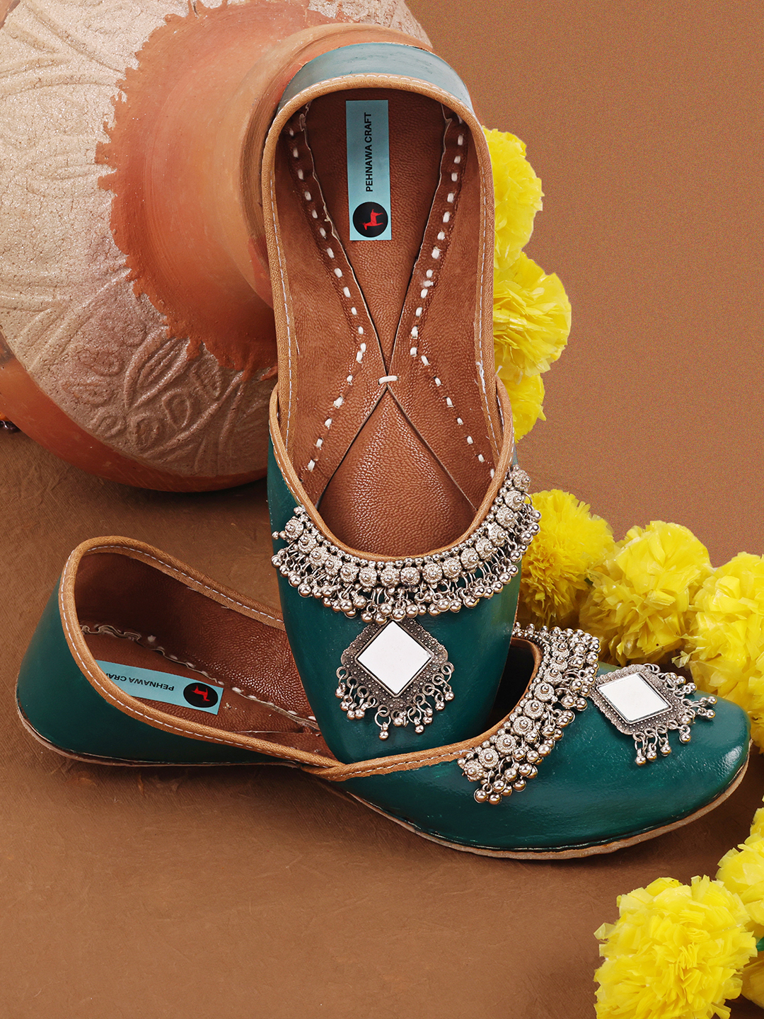 Bottle green oxidised Punjabi Jutti for Women | Bridal Soft Leather ethnic Juttis