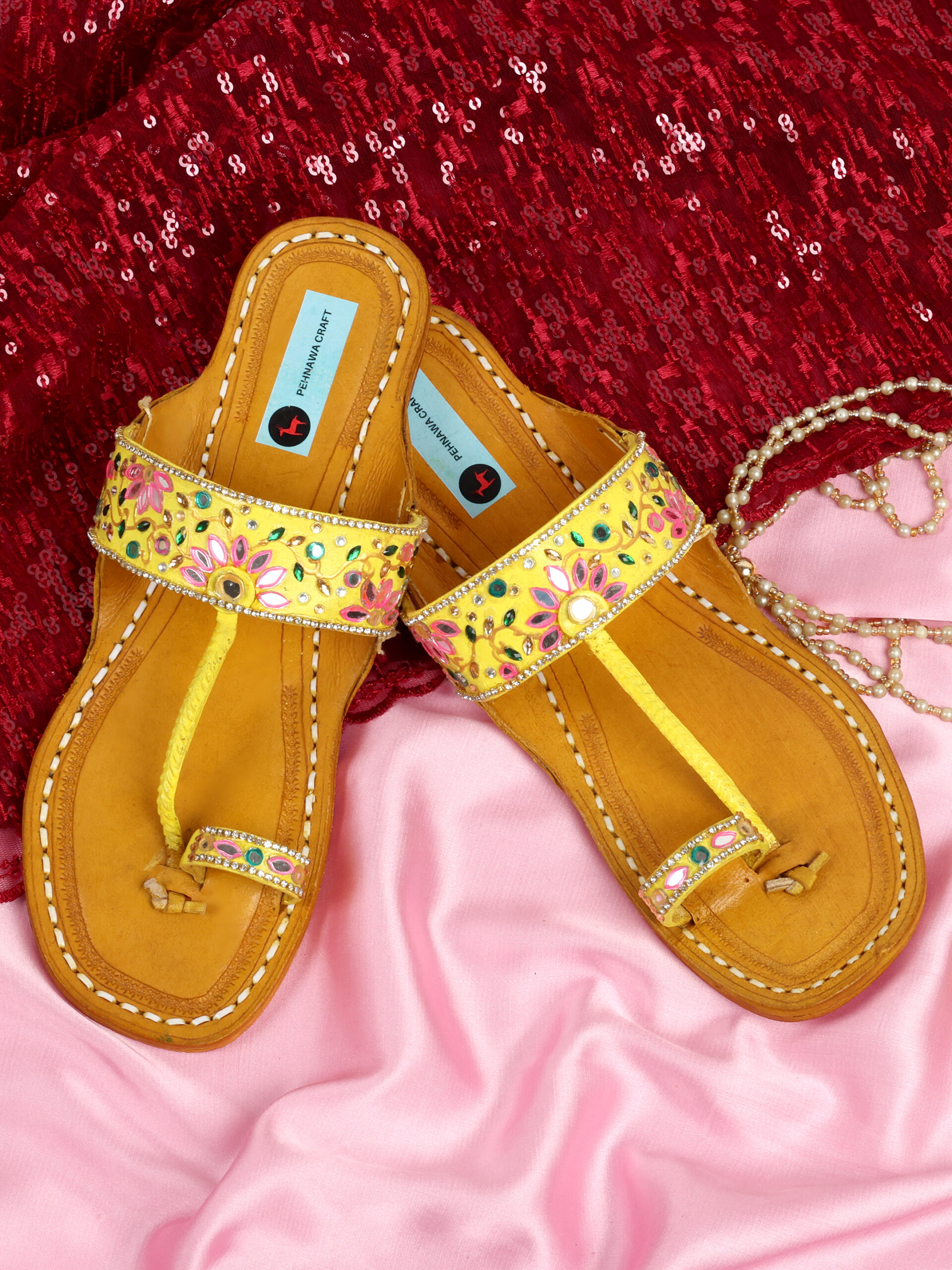 PehnawaCraft Yellow Kudi pataka kolhapuri | yellow flat | Bridal sandal