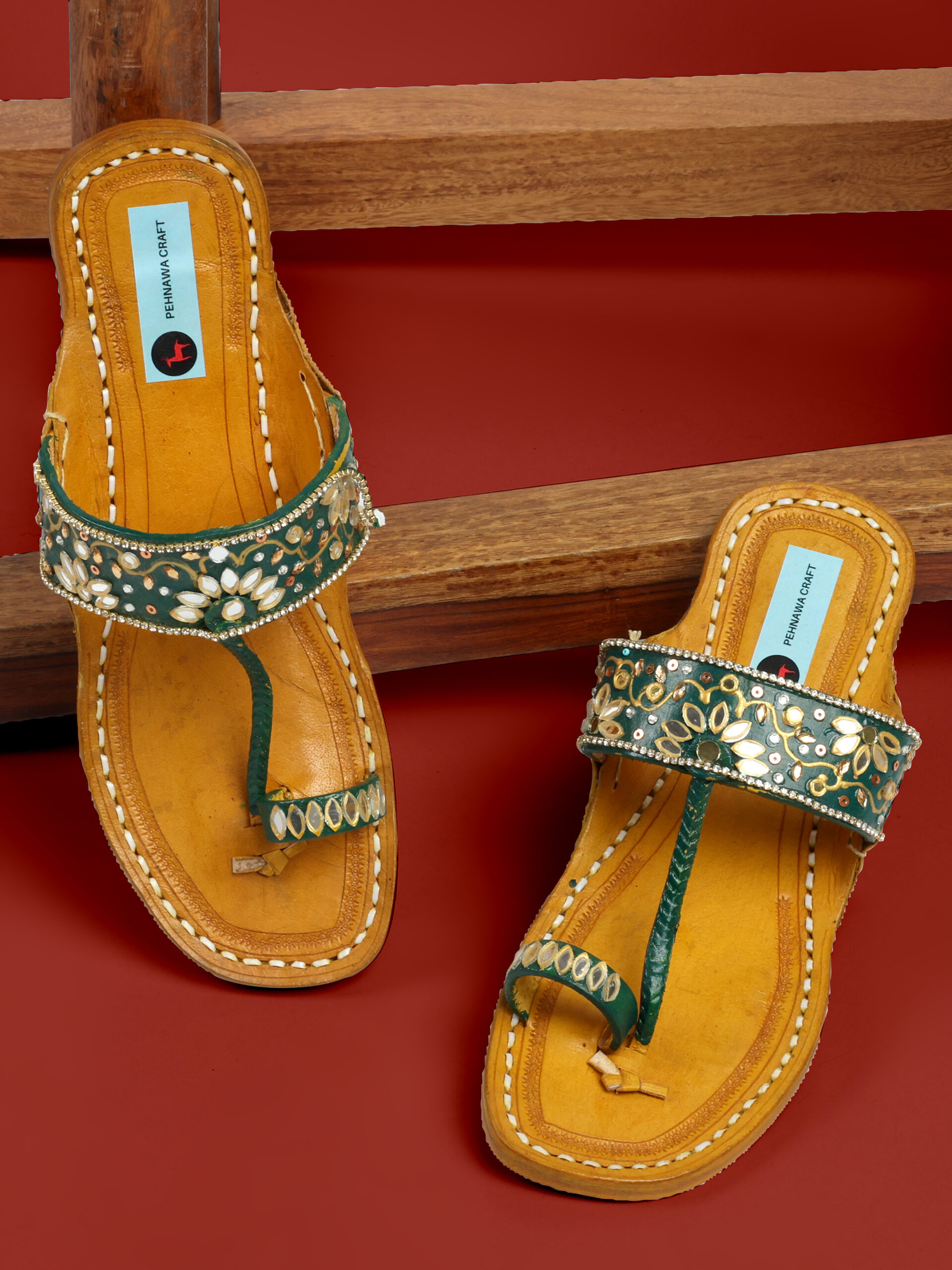 PehnawaCraft Green kudi pataka kolhapuri | Green flat | kolha sandals
