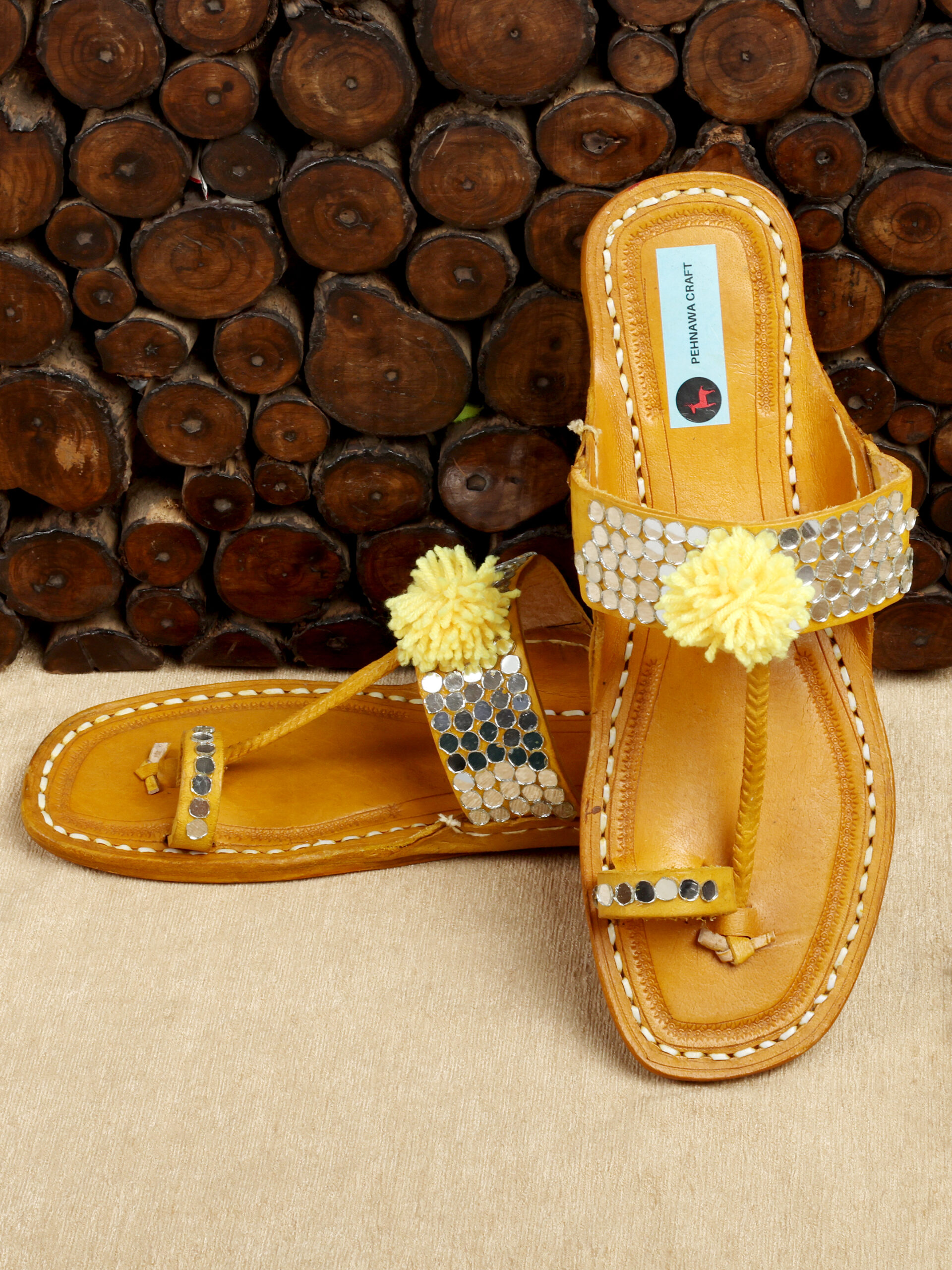 PehnawaCraft Yellow mirror pompom kolhapuri