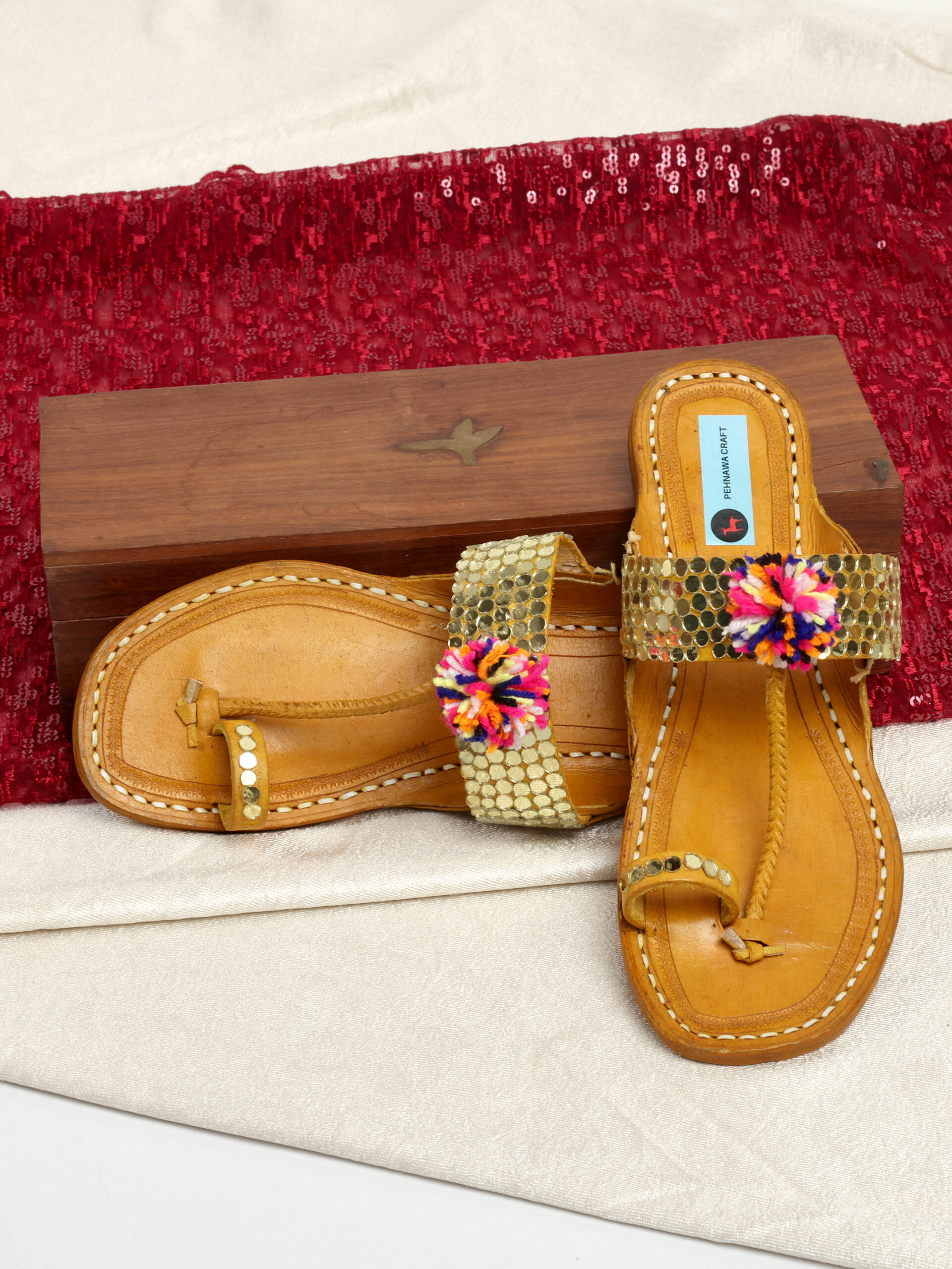 PehnawaCraft multicolor pompom gold kolhapuri | multicolor flats