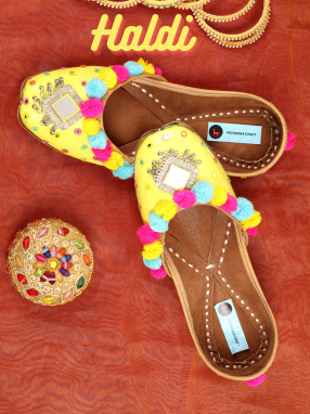 Haldi Collection : Yellow Pompom Multicolor Jutti for Women | Punjabi Jutti