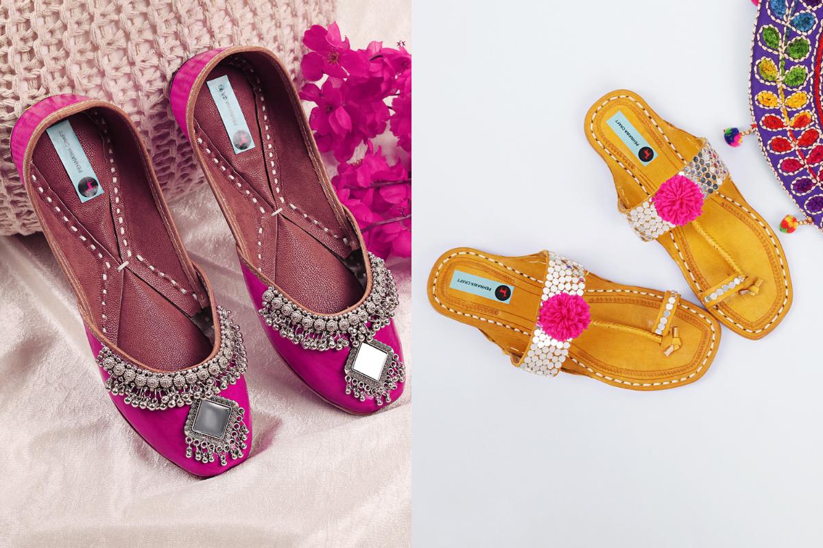 Pink Oxidised jutti & Pink Pompom Mirror Kolhapuri Combo | One Punjabi Jutti + One Kolhapuri | Traditional Combo