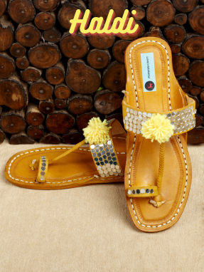 Haldi Collection : Yellow Pompom Kolhapuri for Women | Kolhapuri Flats