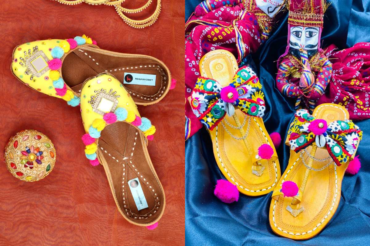 Yellow Pompom Jutti & Rangilo Kolhapuri Combo | One Punjabi Jutti + One Kolhapuri | Traditional Combo