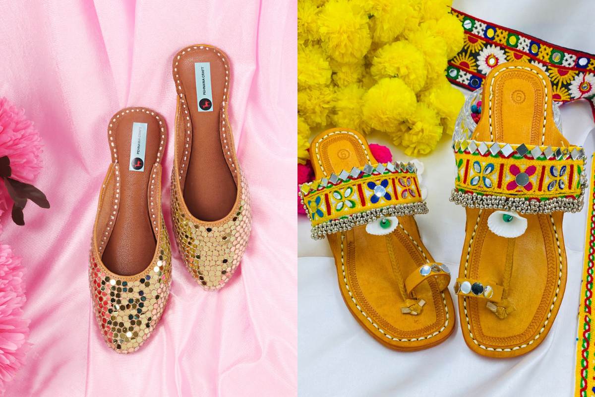 Diva Golden Mirror Mule & Rasleela Kolhapuri Combo | One Mule+ One Kolhapuri | Fashion Combo